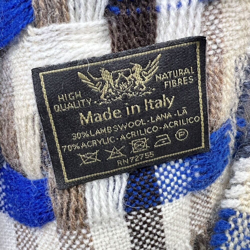 Italian Woven Lambswool Scarf Unisex 32”x9 Tassel Textured Blue Tan‎ Fall Winter - Picture 5 of 8